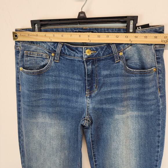 Fashion Nova Flare Bell Bottom Jeans Size 13 32" Blue Mid Rise Distressed Hippie - Picture 9 of 12